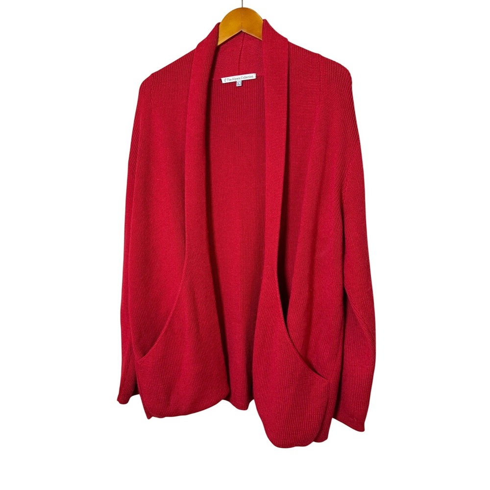 The Alpaca Collection Women Cardigan Large Red Open Front Shawl Pocket Luxury
